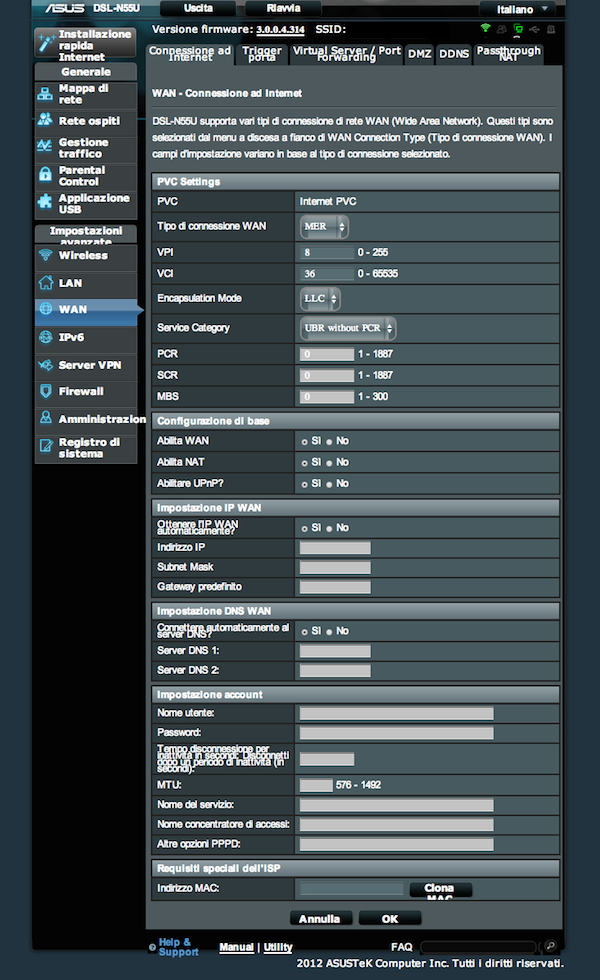 Impostazioni per il modem Asus DSL-N55U con Fastweb